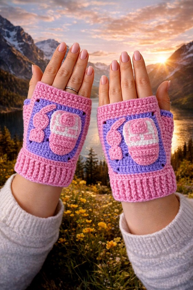 Pembe Mor Örgü Parmaksız Eldiven - Görsel 2