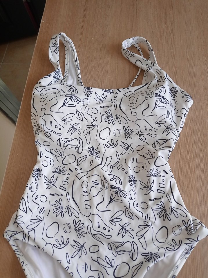 Beyaz Gri Desenli İnce Askılı Kadın Mayo - Görsel 2