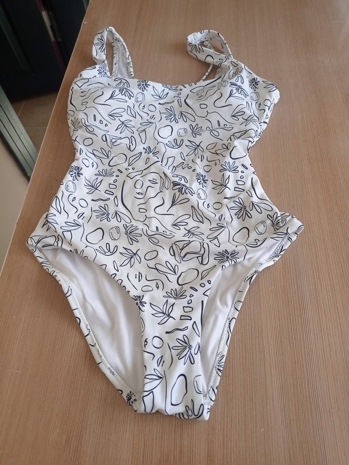 Beyaz Gri Desenli İnce Askılı Kadın Mayo - Görsel 3