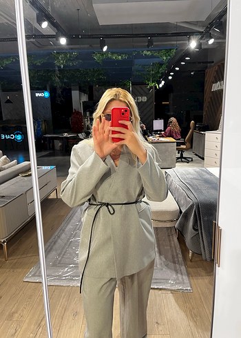 Gri Kemerli Midi Ofis Ceketi - Görsel 2