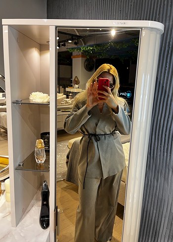 Gri Kemerli Midi Ofis Ceketi - Görsel 4