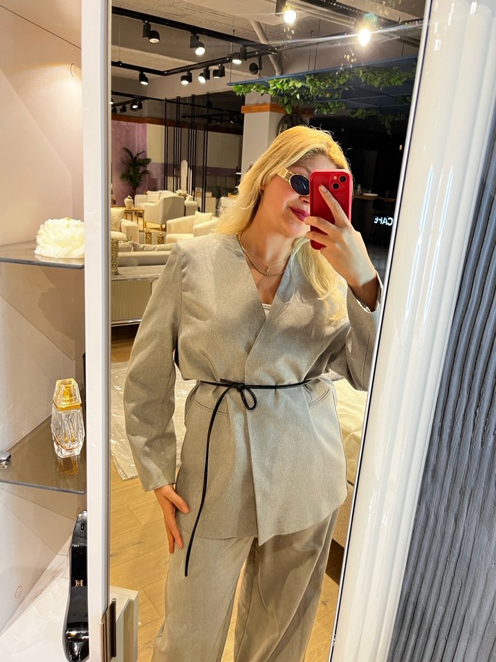 Gri Kemerli Midi Ofis Ceketi - Görsel 3