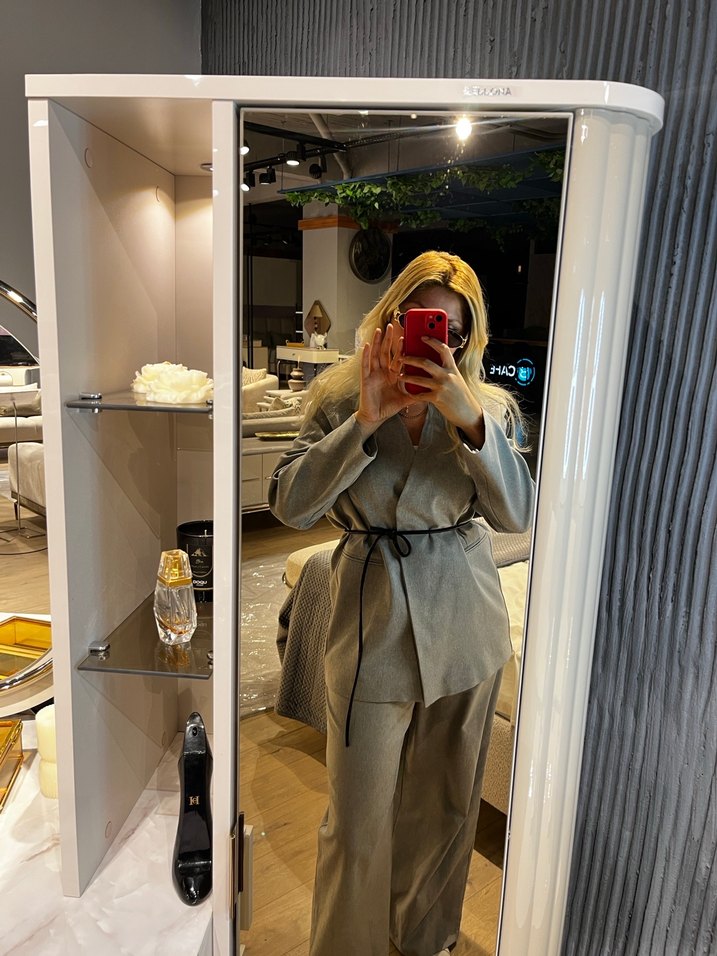 Gri Kemerli Midi Ofis Ceketi - Görsel 4