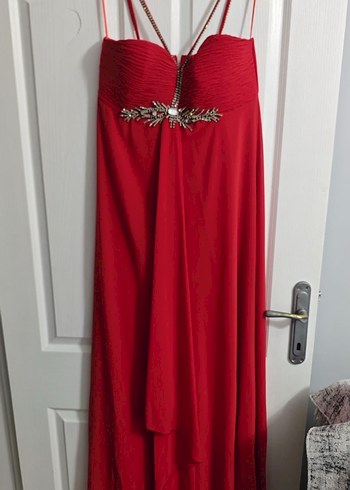Kırmızı V Yakalı Uzun Abiye Elbise - Görsel 4