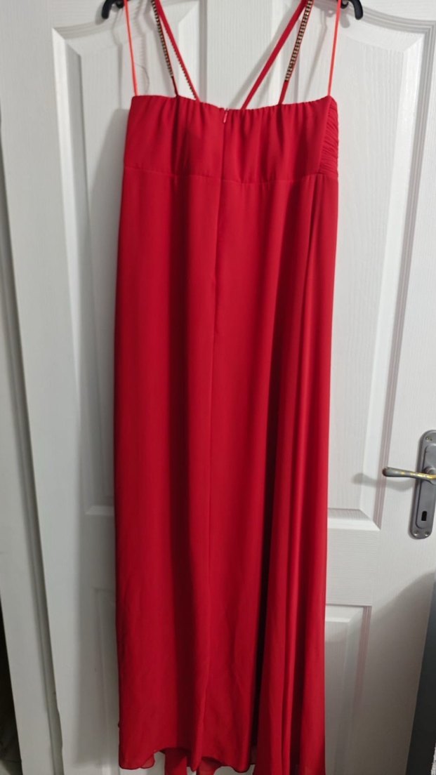 Kırmızı V Yakalı Uzun Abiye Elbise - Görsel 3