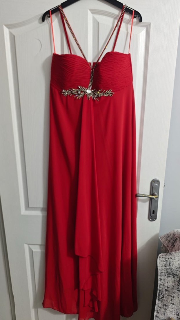 Kırmızı V Yakalı Uzun Abiye Elbise - Görsel 4