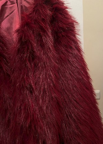 Bordo Kadın Midi Suni Kürk Ceket - Görsel 3