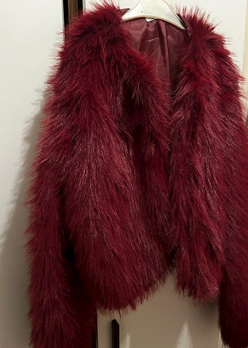 Bordo Kadın Midi Suni Kürk Ceket - Görsel 4