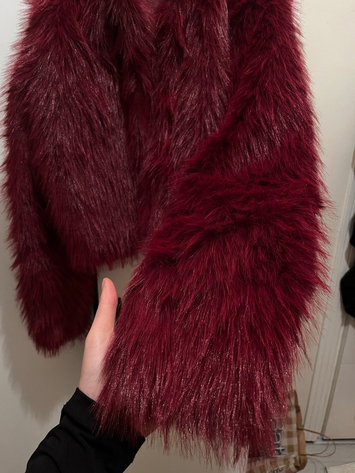 Bordo Kadın Midi Suni Kürk Ceket - Görsel 2