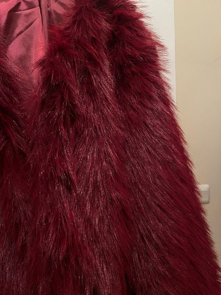 Bordo Kadın Midi Suni Kürk Ceket - Görsel 3