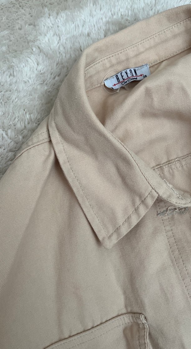 Bej Düğmeli Kadın Keten Ceket - Görsel 4