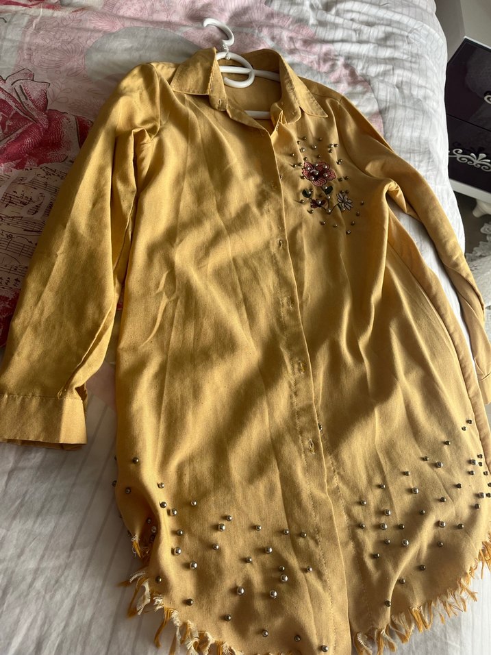 Sarı Uzun Kollu Nakışlı Bohem Gömlek - Görsel 3