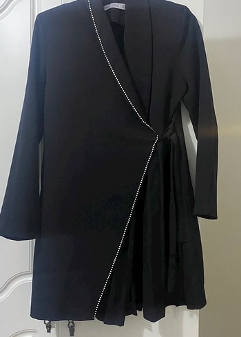 38 Beden Siyah Kuşaklı Uzun Kadın Ceket Blazer
