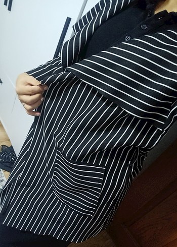 m Beden Çizgili Siyah Midi Kadın Ceket