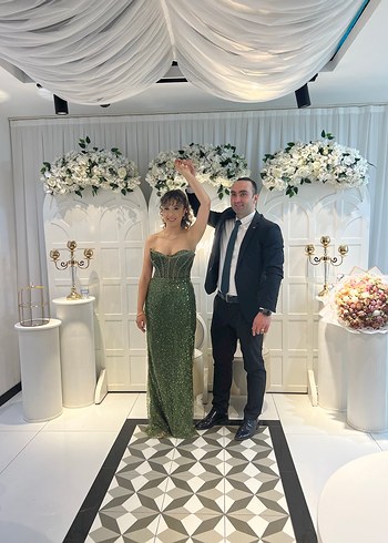 İnci İşlemeli Straplez Uzun Abiye Elbise - Görsel 8