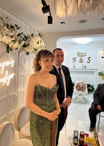 İnci İşlemeli Straplez Uzun Abiye Elbise - Görsel 4