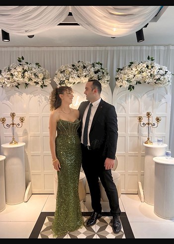 İnci İşlemeli Straplez Uzun Abiye Elbise - Görsel 3