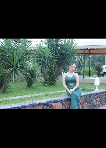 Yeşil Parlak Kareli Uzun Abiye Elbise - Görsel 4