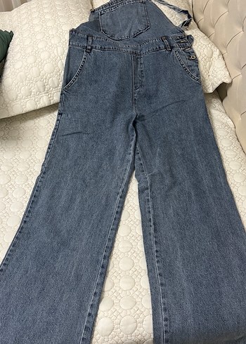 Kadın Mavi Denim Askılı Bol Paça Tulum