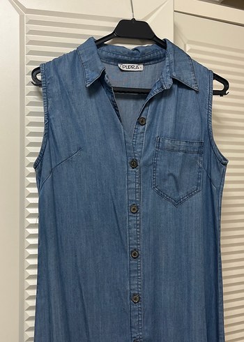 Düğmeli Kolsuz Denim Midi Elbise