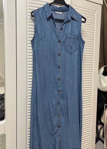 Diğer Düğmeli Kolsuz Denim Midi Elbise