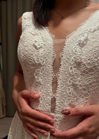 Bohem Midi V Yakalı Beyaz Dantel Gelinlik