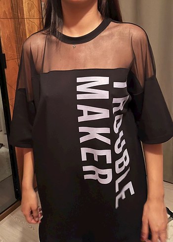 Siyah Transparan Üstü Baskılı Oversize Elbise