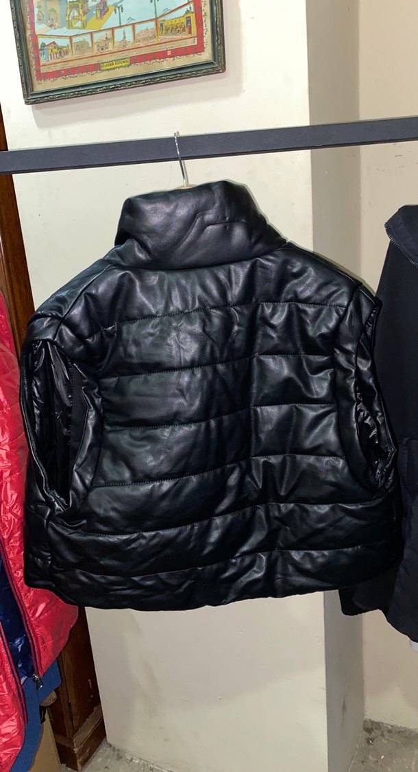 Siyah Deri Biker Ceket, Kısa Kesim - Görsel 2