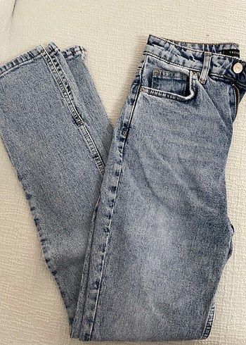 Düğmeli Gri Mavi Kadın Denim Pantolon