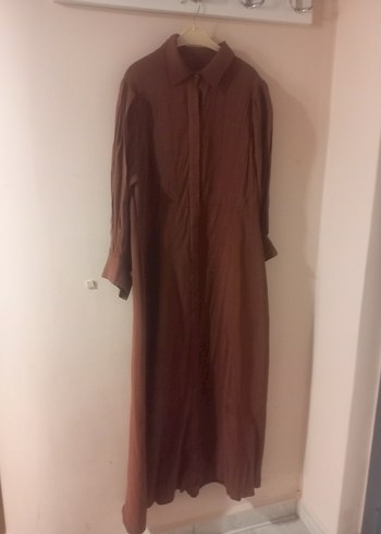 Bej Uzun Keten Elbise, Geniş Kesim, Yaka Detaylı - Görsel 9