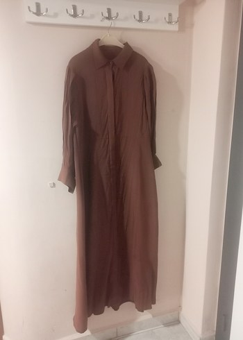 Bej Uzun Keten Elbise, Geniş Kesim, Yaka Detaylı - Görsel 8