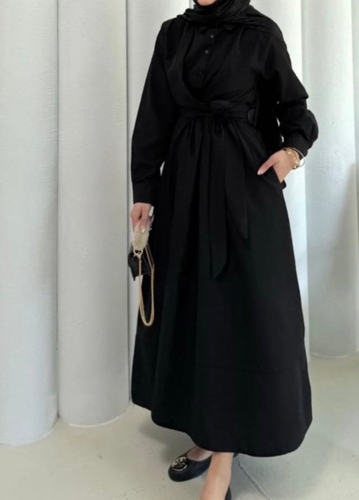 Siyah Kemerli Uzun Kadın Elbise - Görsel 2