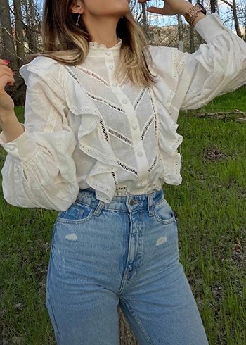 Ekru aksesuarlı gömlek - Görsel 2