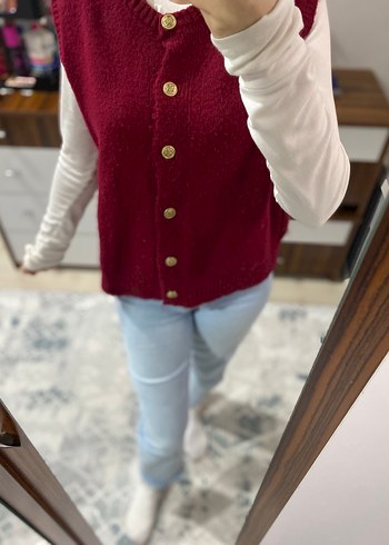 Düğmeli Bordo Kadın Triko Süveter - Görsel 2