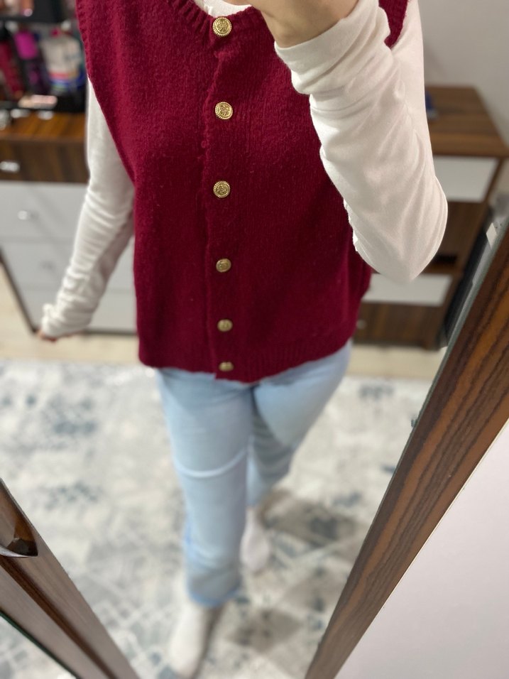 Düğmeli Bordo Kadın Triko Süveter - Görsel 2
