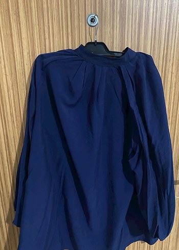 Gold düğmeli Lacivert Keten Uzun Kollu Kadın Gömlek - Görsel 2