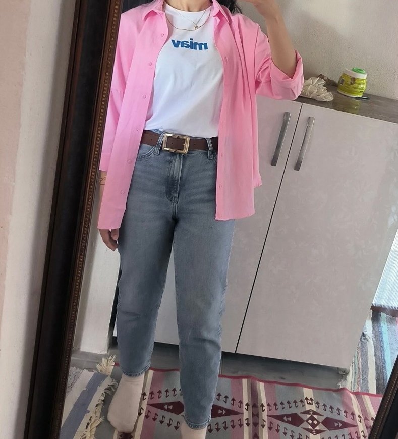 Pembe Düğmeli Salaş Kadın Gömlek - Görsel 2