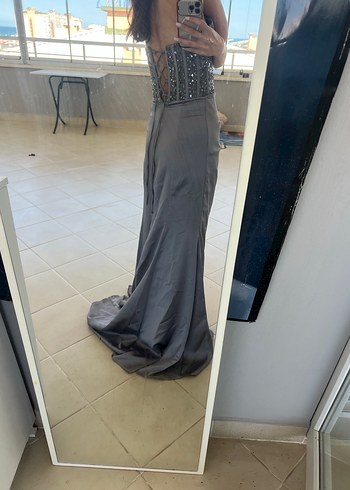 Gri Straplez Uzun Abiye Elbise - Görsel 3
