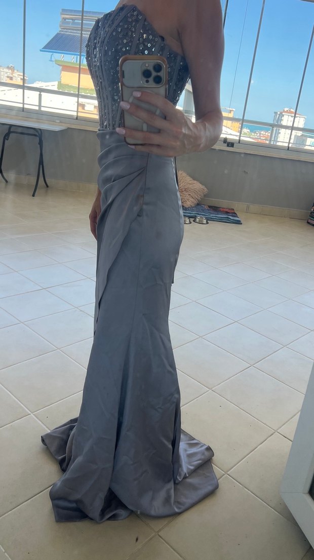 Gri Straplez Uzun Abiye Elbise - Görsel 2