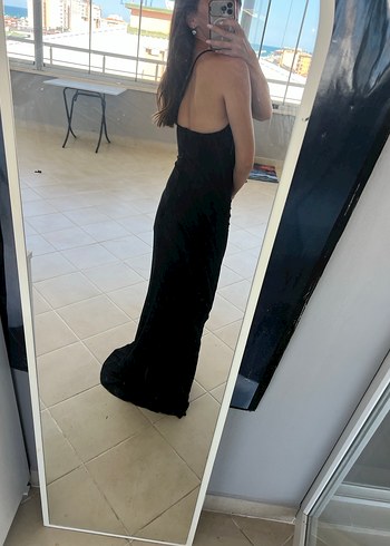 Siyah Uzun Drapeli Straplez Kadın Abiye Elbise - Görsel 2