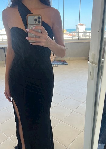 Siyah Uzun Drapeli Straplez Kadın Abiye Elbise - Görsel 3