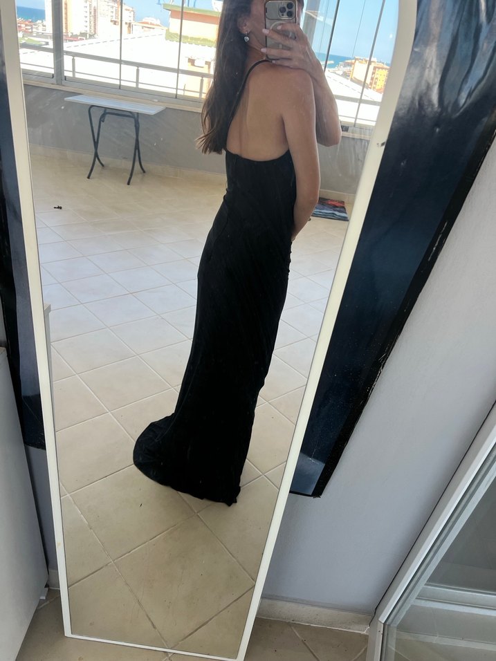 Siyah Uzun Drapeli Straplez Kadın Abiye Elbise - Görsel 2