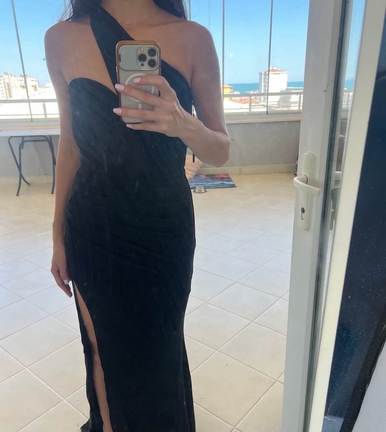 Siyah Uzun Drapeli Straplez Kadın Abiye Elbise - Görsel 3