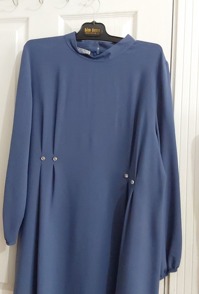 Düğmeli Uzun Kollu Mavi Hamile Tunik - Görsel 2