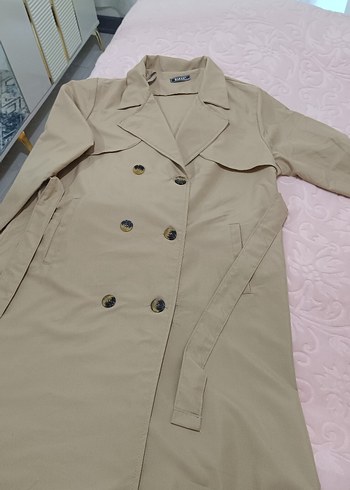 Düğmeli Bej Kadın Trençkot - Görsel 5