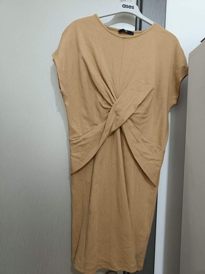 Bej Midi Keten Kadın Elbise - Görsel 2