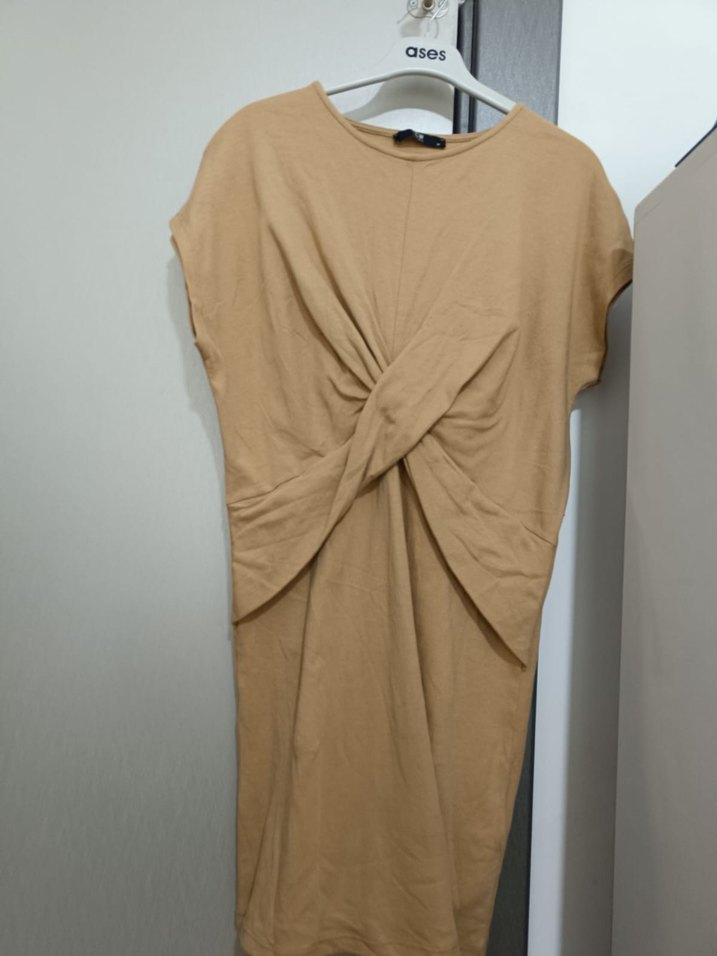 Bej Midi Keten Kadın Elbise - Görsel 3