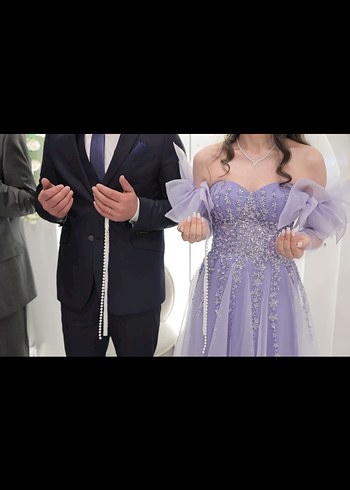 Straplez İşlemeli Mor Uzun Nişan Elbisesi - Görsel 5