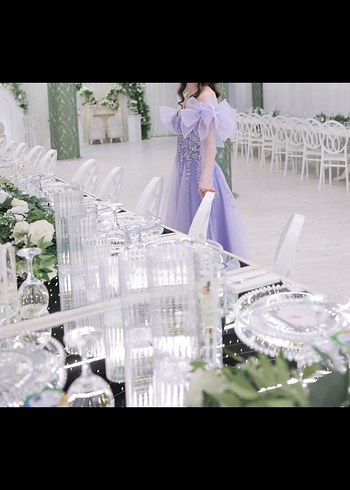 Straplez İşlemeli Mor Uzun Nişan Elbisesi - Görsel 2