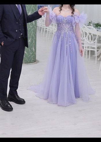 Straplez İşlemeli Mor Uzun Nişan Elbisesi - Görsel 7